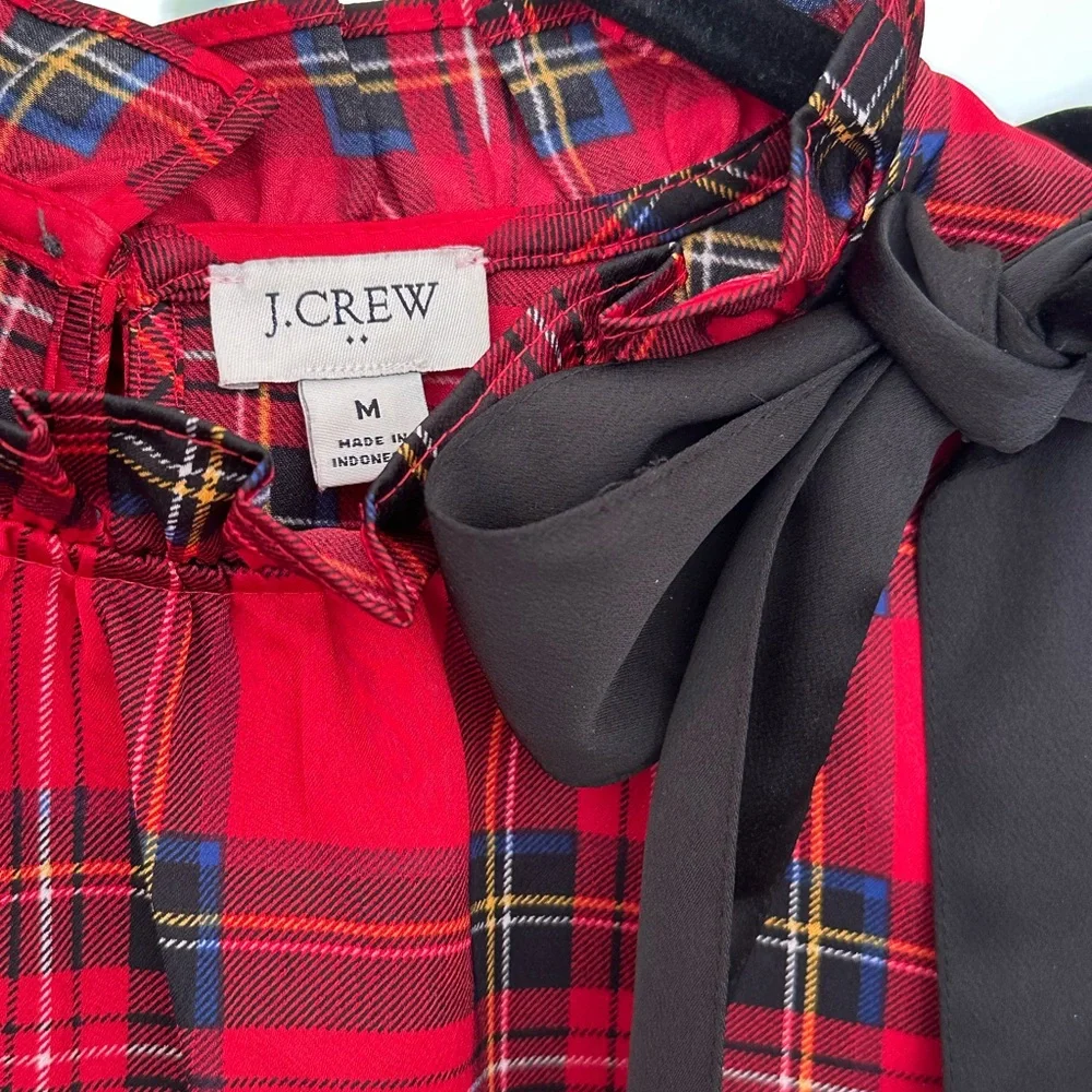 J. Crew Red Plaid Top with Black Bow - Picture 3 of 4